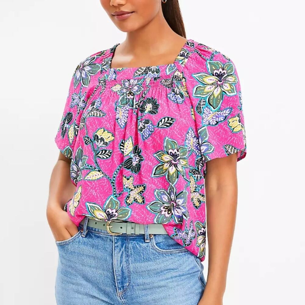 Women's LOFT Hibiscus Flutter Sleeve Square Neck Top Pink XL